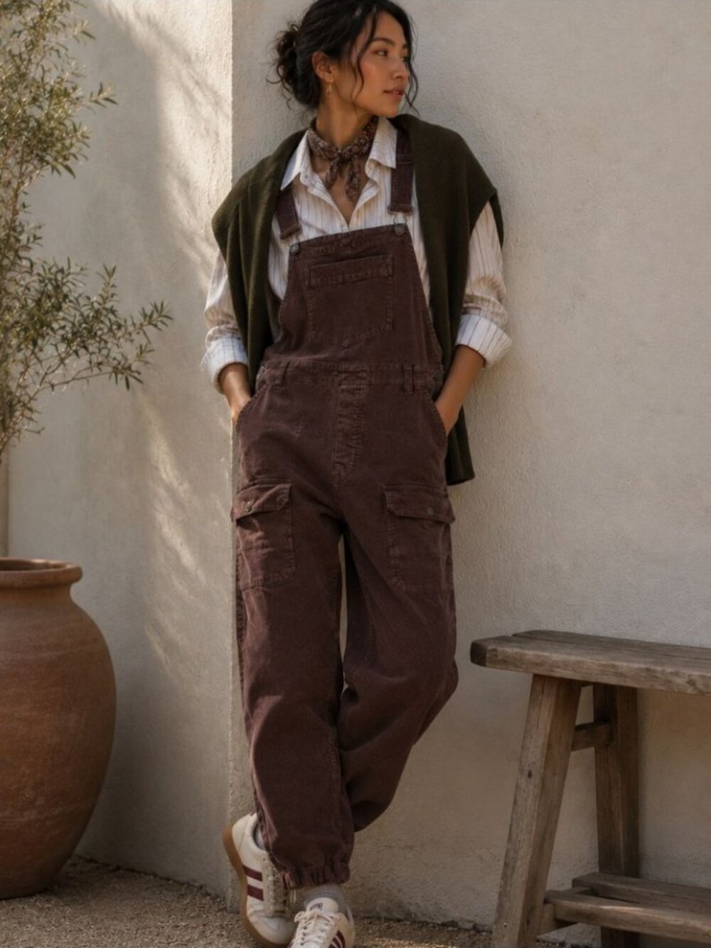 We The Free Chocolate Brown Corduroy Overall Jumpsuit Large Boho Cottagecore
